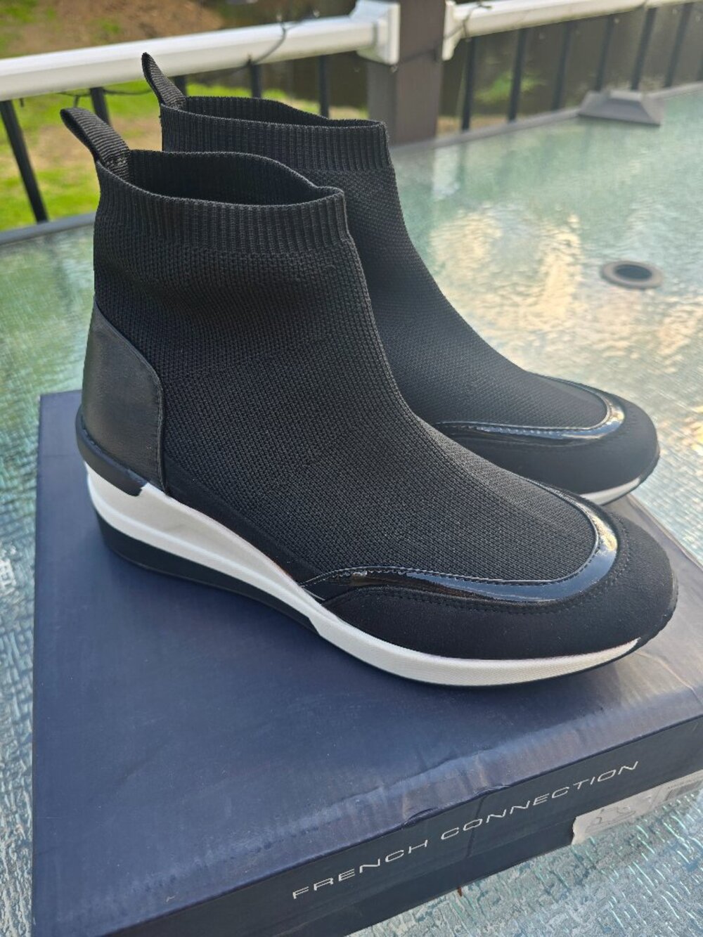 French Connection Starr Wedge Sneaker Boots, Black, New in box size 7.5